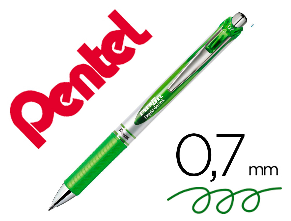 ROLLER PENTEL ENERGEL RETRACTABLE RECHARGEABLE      POINTE METAL FINE 0,7MM CLIP  METAL COLORIS VERT CLAIR