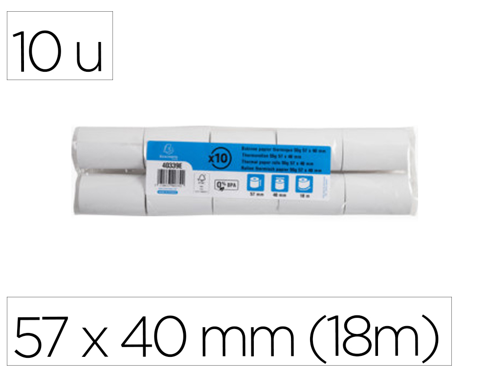 BOBINE THERMIQUE EXACOMPTA TICKETS CARTE BANCAIRE 1 PLI SANS BPA 57X40MM MANDRIN 12MM MTRAGE 18M LOT 10 ROULEAUX